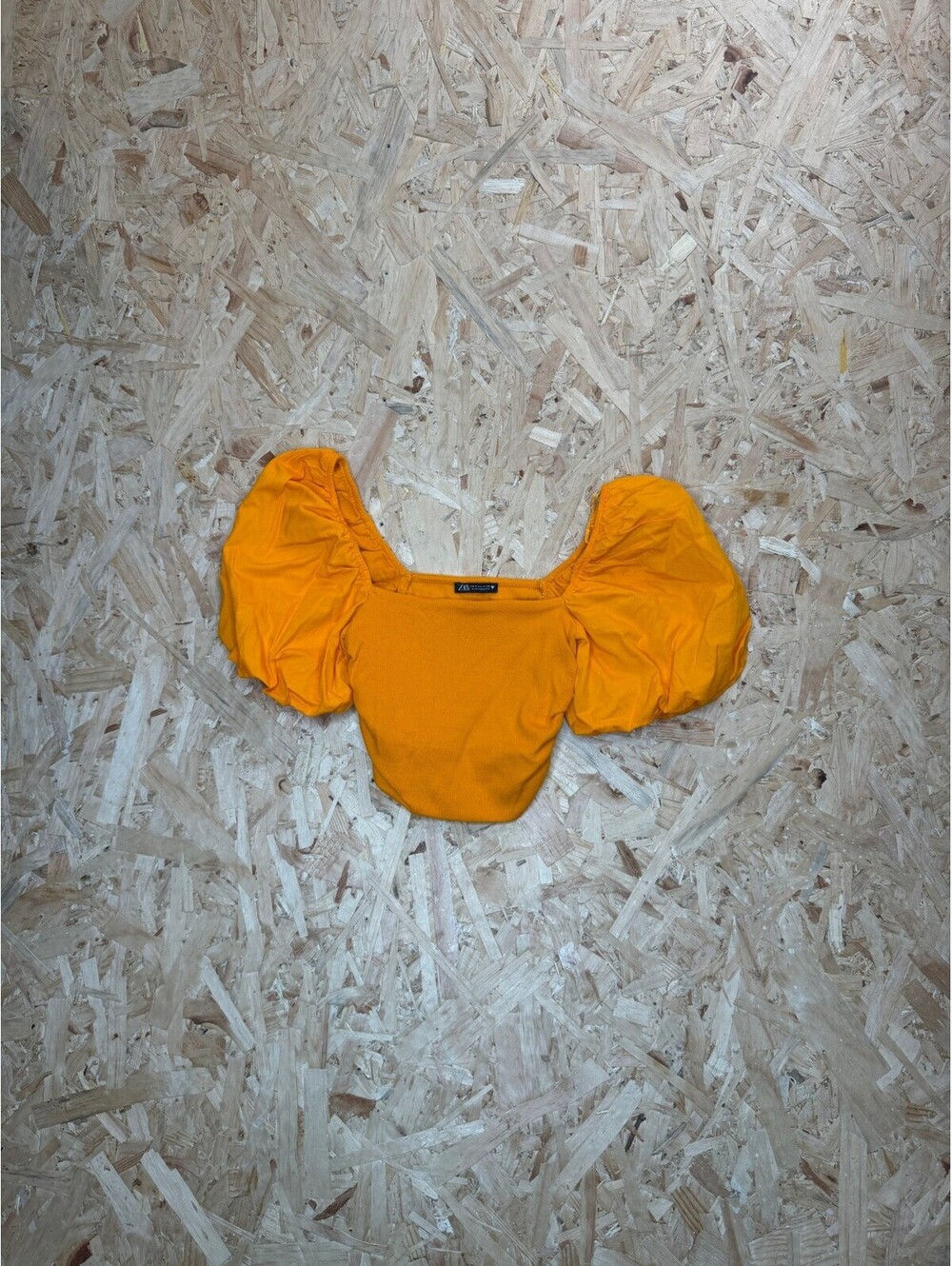 Zara Womens Small Orange Ribbed Crop Top Puff Short Sleeve Square Neck Blouse